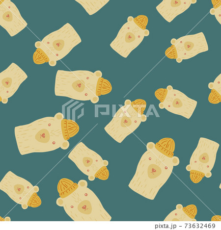 Seamless random pattern with beige head bears print in hats. Hand drawn style. Turquoise pale background. 73632469