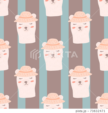 Childish bear with hat seamless pattern in doodle cartoon style. Striped background with blue lines. 73632471