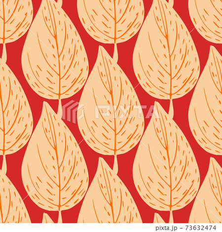Light orange outline leaves seamless doodle pattern. Bright red background. Hand drawn print. 73632474