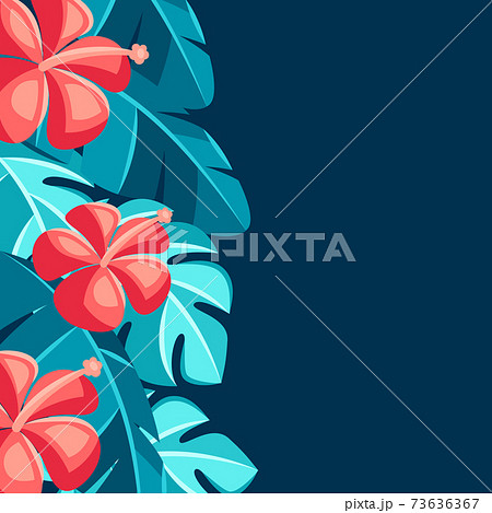 Background with hibiscus flowers and palm leaves. 73636367