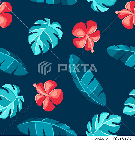 Seamless pattern with hibiscus flowers and palm leaves. 73636370