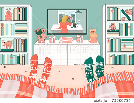 Two people are on the bed under a blanket. Room is decorated for Valentine's Day. Hippo, cat, tardigrade, bear toys are arranged in bookcases. Couple is watching movies on the internet 73636754