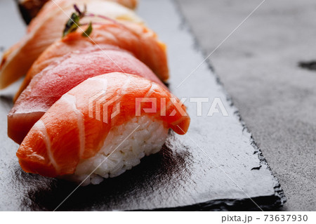 Clsoe up of nigiri sushi on plate Clsoe up of nigiri sushi on plate 73637930