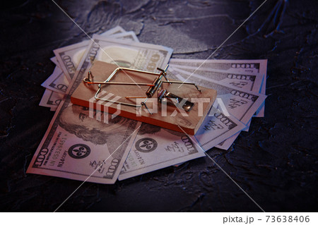 Mousetrap with free bait and dollar bills on a grey background. Trap, money scam concept Mousetrap with free bait and dollar bills on a grey background. Trap, money scam concept 73638406