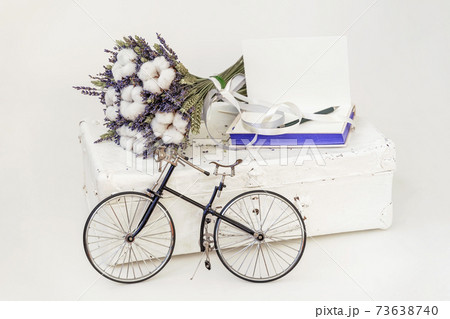 Vintage miniature bike next to suitcase and a bouquet of dried flowers Vintage miniature bike next to suitcase and a bouquet of dried flowers 73638740