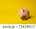Pink pig as money box on yellow background with BTC coin 73638917