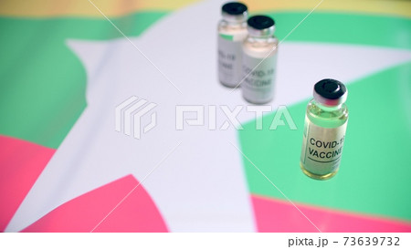 Medical bottles with COVID-19 vaccine and flag of Myanmar Medical bottles with COVID-19 vaccine and flag of Myanmar 73639732