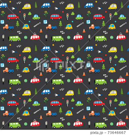 Cute Cars Seamless Pattern, Cartoon transportation Doodles Background, vector Illustration 73646667