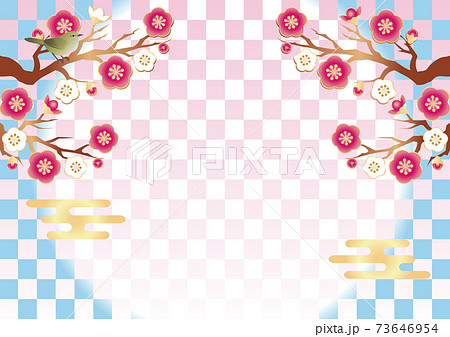 梅 うめ 花 うぐいす ウグイス 春 和柄 市松模様 背景素材 コピースペース イラストのイラスト素材