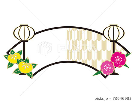 扇形の和風フレーム 桃の花と橘のイラスト素材