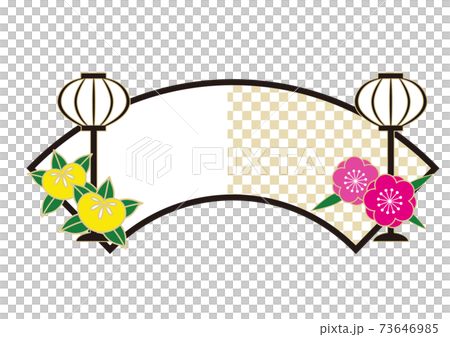 扇形の和風フレーム　桃の花と橘 73646985