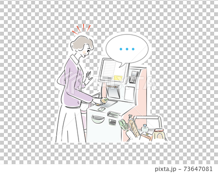 セルフレジに不慣れなシニア女性 73647081