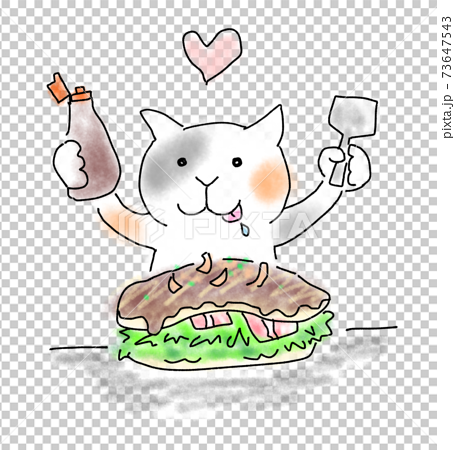 手描き風イラスト 広島風お好み焼きを食べるかわいい猫のイラスト素材