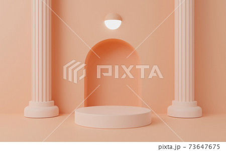 3d rendering empty cylinder podium with light orange pillars. Abstract geometric product mock up design. 3d rendering empty cylinder podium with light orange pillars. Abstract geometric product mock up design. 73647675