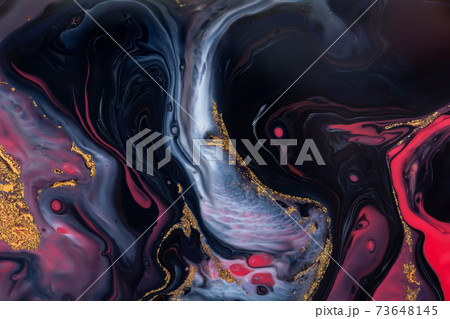 Luxury fluid art painting background. Spilled black, red, blu and gold acrylic paint.  Liquid marble 73648145
