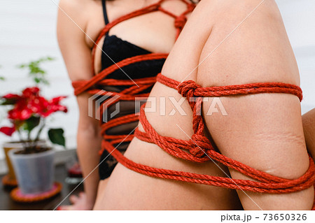 Shibari Concepts. Female In Sexy Lingerie Binded With Shibari Ropes. In Red  Handcuffs Vertical Shot Stock Photo, Picture and Royalty Free Image. Image  125722420.