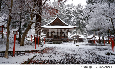 雪の日吉大社　宇佐宮と散紅葉 73652694