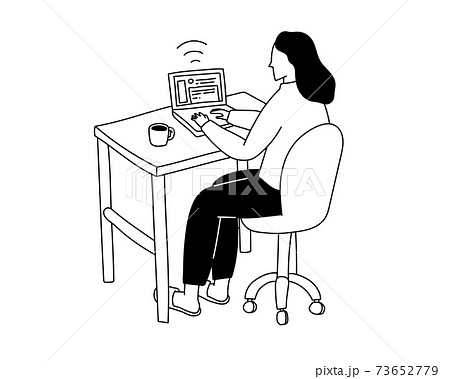 リモートワーク中の女性のイラスト 在宅ワーク テレワーク おしゃれ シンプル 仕事 自宅 パソコンのイラスト素材