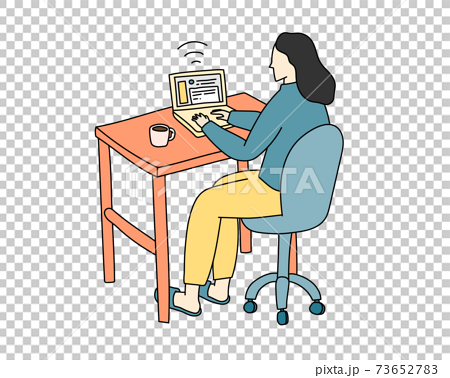 リモートワーク中の女性のイラスト 在宅ワーク テレワーク おしゃれ シンプル 仕事 自宅 パソコンのイラスト素材