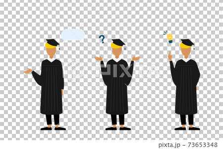 卒業用の角帽とガウン姿の大学生、3ポーズ 73653348