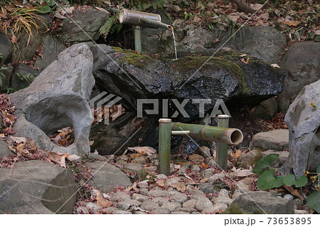 国分寺崖線の湧水を利用した殿ヶ谷戸庭園の鹿威しの写真素材