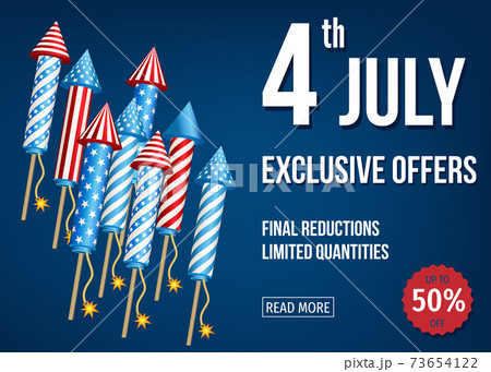 4th of  July  exclusive  offers  banner  with  firework  rockets. 73654122