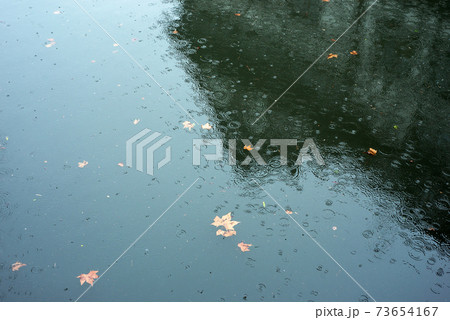 Closeup of rain dops falling on the river 73654167