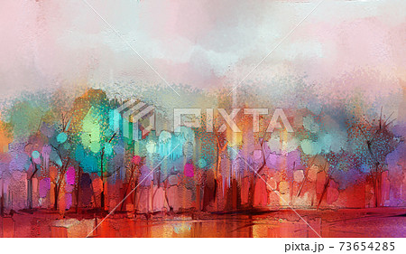 Illustration colorful autumn forest. Abstract image of fall season, yellow and red leaf on tree, field, meadow, outdoor landscape. Nature painting with oil paint. Modern art for wallpaper background Illustration colorful autumn forest. Abstract image of fall season, yellow and red leaf on tree, field, meadow, outdoor landscape. Nature painting with oil paint. Modern art for wallpaper background 73654285