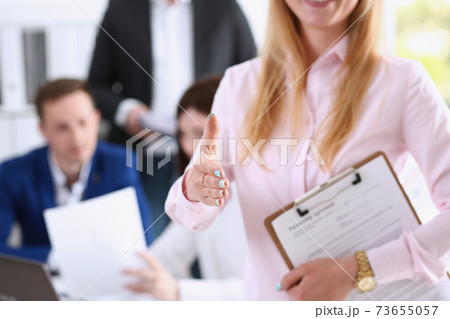 Businesswoman offer hand to shake as hello in office closeup 73655057