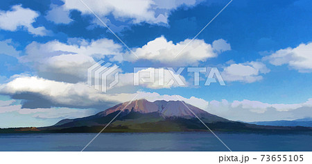 The volcano Sakurajima under clouds as seen from Kagoshima city, across the bay. 73655105