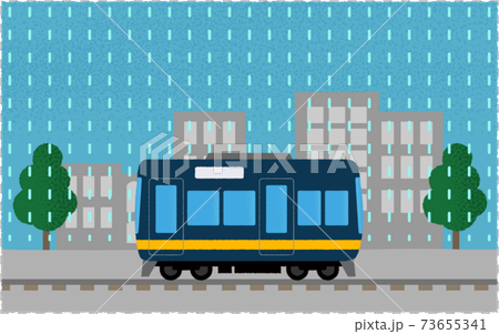 雨の中 都市を走る電車のベクターイラストのイラスト素材