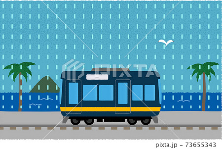 雨の中 海沿いを走る電車のベクターイラストのイラスト素材