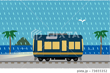 豪雨の中、ライトを点けて海沿いを走る電車のベクターイラスト 73655352