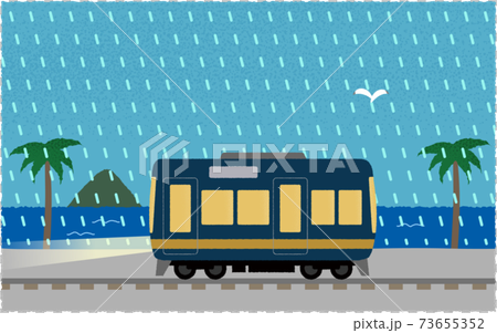 豪雨の中、ライトを点けて海沿いを走る電車のベクターイラスト 73655352