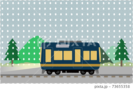 Vector illustration of a train running along the mountain with lights on in the snow Vector illustration of a train running along the mountain with lights on in the snow 73655358