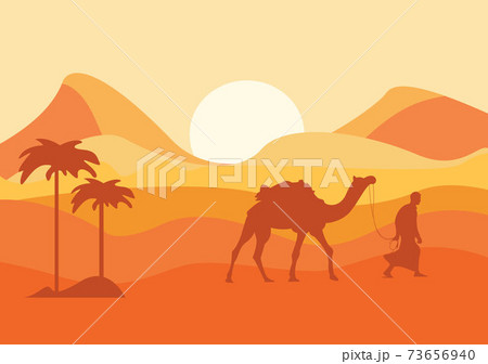 Desert Landscape with Cactus, Hills and Mountains Silhouettes. Vector Nature Horizontal Background 73656940