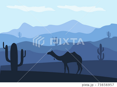 Desert Landscape with Cactus, Hills and Mountains Silhouettes. Vector Nature Horizontal Background Desert Landscape with Cactus, Hills and Mountains Silhouettes. Vector Nature Horizontal Background 73656957