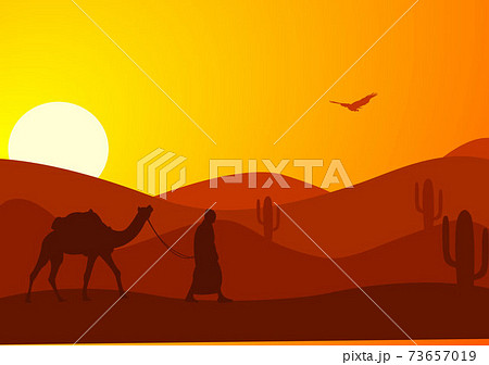 Desert Landscape with Cactus, Hills and Mountains Silhouettes. Vector Nature Horizontal Background Desert Landscape with Cactus, Hills and Mountains Silhouettes. Vector Nature Horizontal Background 73657019