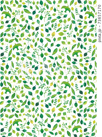 水彩風 新緑パターン 葉っぱ 鳥 縦のイラスト素材