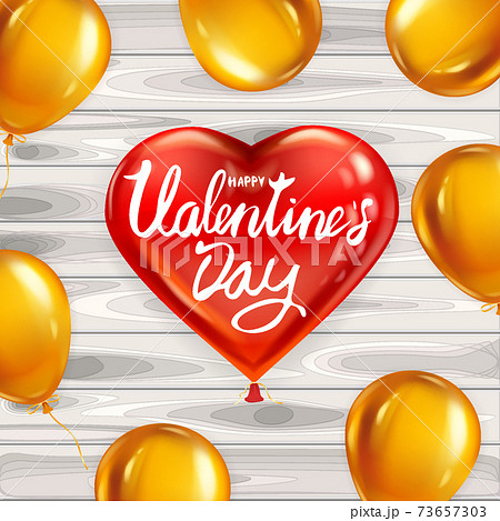 Happy Valentines Day red heart shape glossy balloon realistic, lettering, background wood table golden air ballons, greeting card. Vector banner poster flyer isolated Happy Valentines Day red heart shape glossy balloon realistic, lettering, background wood table golden air ballons, greeting card. Vector banner poster flyer isolated 73657303