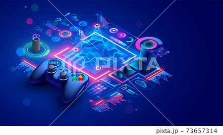 Game dev isometric concept. Education of creation 3d design of location or level computer game. Scripting, programming AI of digital games. Isometric illustration of abstract gamepad or joystick. Game dev isometric concept. Education of creation 3d design of location or level computer game. Scripting, programming AI of digital games. Isometric illustration of abstract gamepad or joystick. 73657314