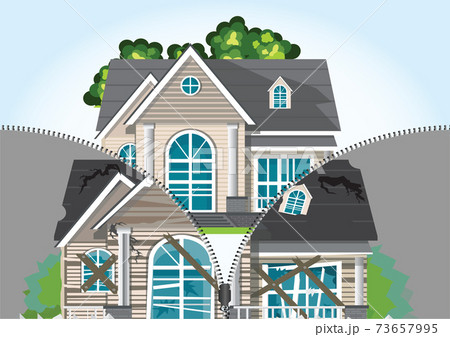 The zipper is unfastened and a renovated house is visible. The zipper is unfastened and a renovated house is visible. 73657995