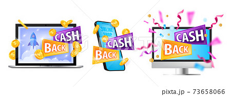 Cash back, internet shopping money saving vector set with laptop, smartphone, computer screens,coins Cash back, internet shopping money saving vector set with laptop, smartphone, computer screens,coins 73658066