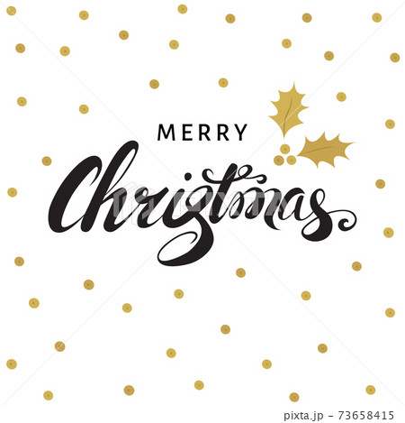Merry Christmas hand lettering with golden twig of holly. Merry Christmas hand lettering with golden twig of holly. 73658415