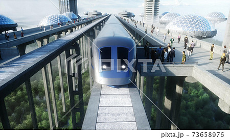 futuristic train station with monorail and train. traffic of people, crowd. Concrete architecture. Future concept. 3d rendering. 73658976