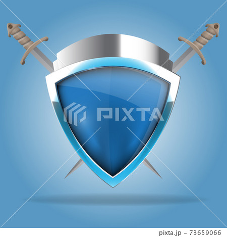 Two crossed swords that are behind the shield. The shield has a blank space for writing or drawing 73659066