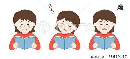 読書する成人女性のセット 泣く 寝る 見えない のイラスト素材