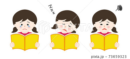 読書する女の子のセット 泣く 寝る 分からない のイラスト素材