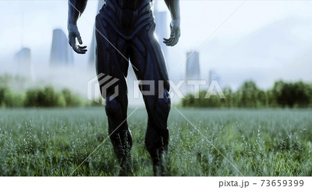 military space soldiers of the future on a green meadow against the backdrop of a futuristic city. 3d rendering. military space soldiers of the future on a green meadow against the backdrop of a futuristic city. 3d rendering. 73659399