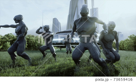 funny aliens dancing in the meadow near the UFO spaceship. 3d rendering. funny aliens dancing in the meadow near the UFO spaceship. 3d rendering. 73659416